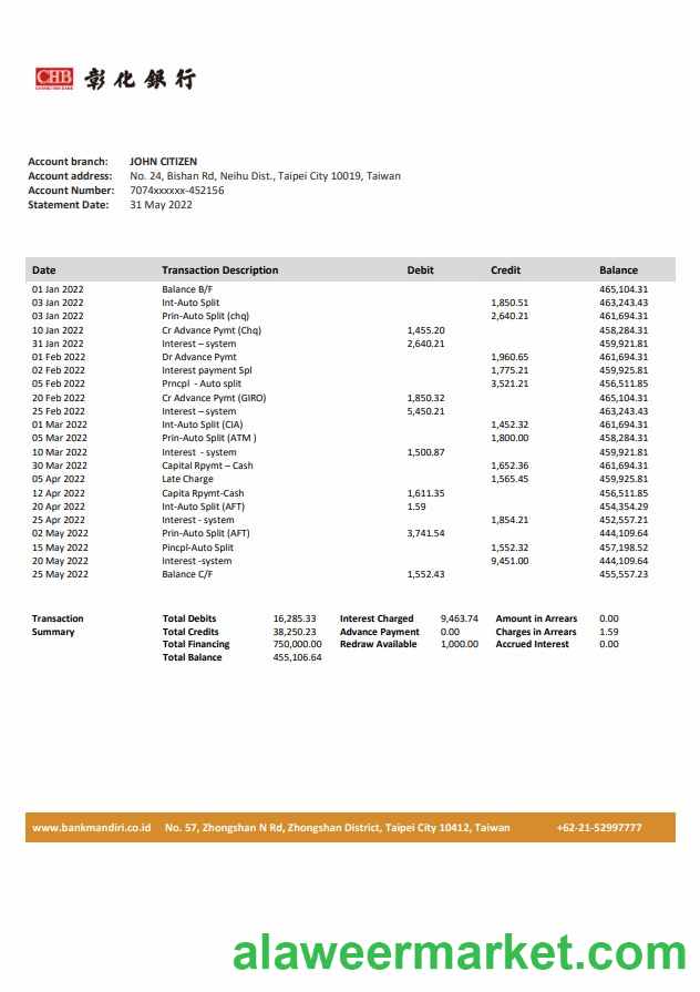 Taiwan Chang Hwa Bank statement
